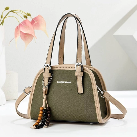 Women Fashion Patchwork Handbag Polyester PU Contrast Color Shoulder Bag With Wood Bead Tassel Letter Print Boston Bag