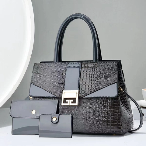 Damen Handtasche Umhängetasche Und Clutch Und Kartenhalter Krokodilmuster PU-Leder Glänzend Große Kapazität G-Schnalle Modisch