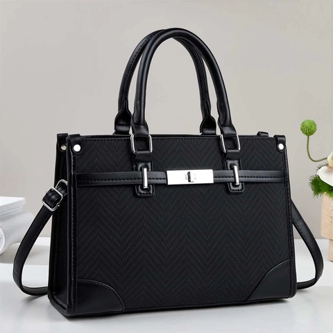 Women Tote Handbag PU Leather Herringbone Fabric Large Capacity Commuter Crossbody Bag With Detachable Strap Metal Lock