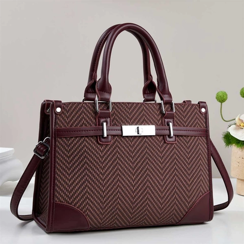 Women Tote Handbag PU Leather Herringbone Fabric Large Capacity Commuter Crossbody Bag With Detachable Strap Metal Lock