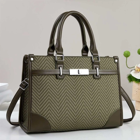 Damen Boston Handtasche Fischgräten Textil PU Leder Patchwork Elegant Büro Pendeln Umhängetasche Mit Metall-Drehverschluss