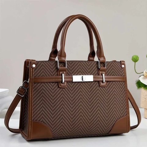 Damen Boston Handtasche Fischgräten Textil PU Leder Patchwork Elegant Büro Pendeln Umhängetasche Mit Metall-Drehverschluss