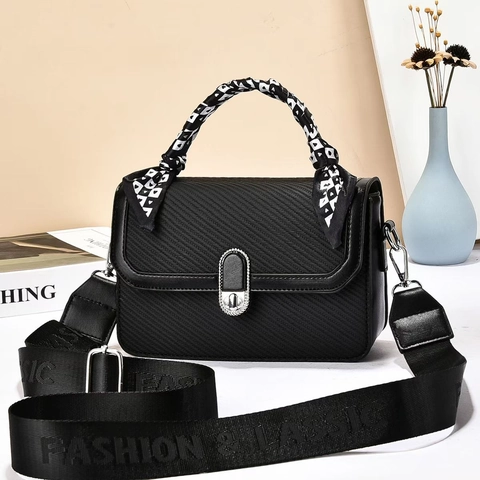 Women Weaving Texture PU Leather Small Square Bag With Scarf Handle And Wide Lettered Strap Casual Crossbody Handbag