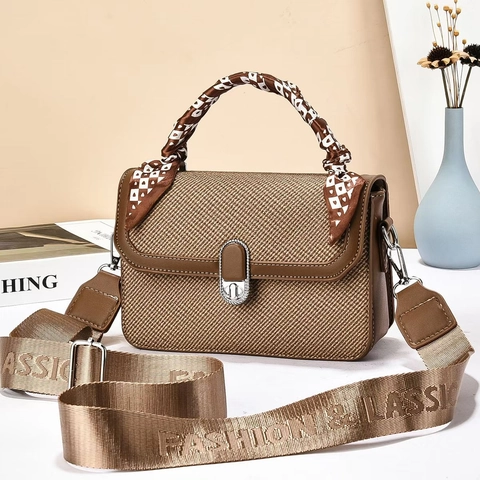 Women Weaving Texture PU Leather Small Square Bag With Scarf Handle And Wide Lettered Strap Casual Crossbody Handbag