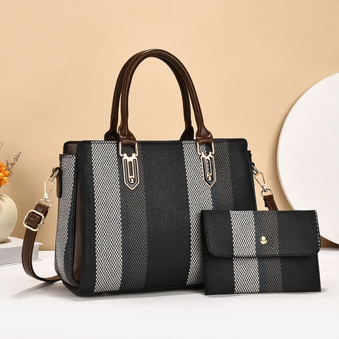 Retro Striped Contrast Color Tote Bag For Women PU Leather Sub-Mother Handbag Set Large Capacity Shoulder Commuter Bag
