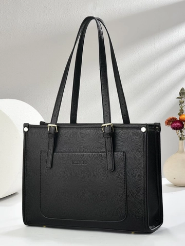 Women Large Capacity Tote Bag PU Lychee Leather Minimalist Handbag With Front Pocket Gold Hardware Versatile Work