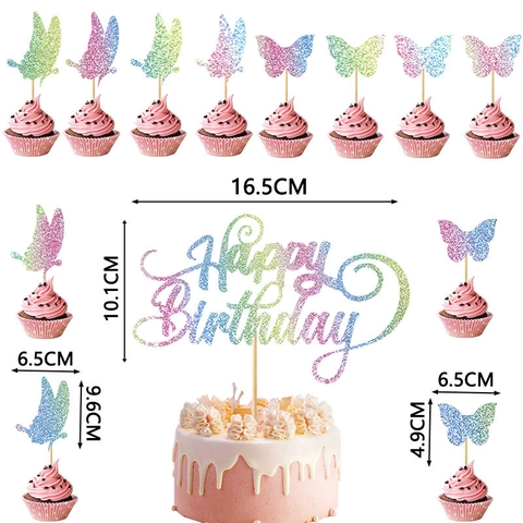 Διακοσμητικό Τούρτας Happy Birthday Πεταλούδα με Γκλίτερ Ουράνιο Τόξο 3D Διάτρητο Χαρτί για Πάρτι Γενεθλίων Γάμου