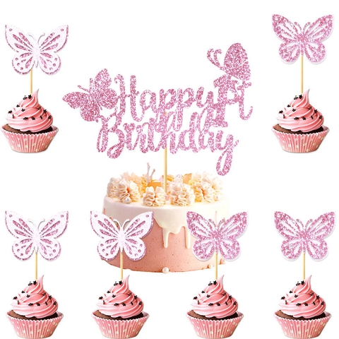 Schmetterling Happy Birthday Tortenaufsatz Große Und Kleine Glitzer Papier Torten Deko Für Geburtstag Party Dessert Deko Gold Rosa