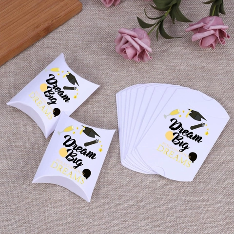 Graduation Gift Boxes Pillow Shaped Paper Candy Treat Holders For Grad Party Celebration Congrats Dream Big Gold Foil