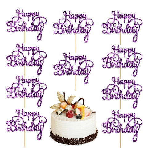 Glitter Happy Birthday Cake Toppers Paper Wood Sticks Dessert Ornaments Birthday Party Celebration Cake Decorations