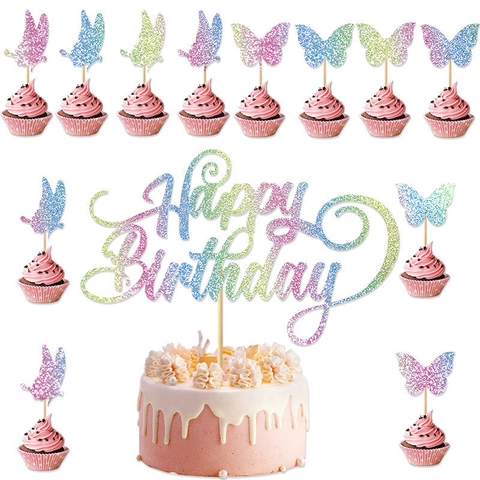 Decorazione Per Torta Happy Birthday E Farfalla 3D Carta Luccicante Arcobaleno Decorazione Per Dolci