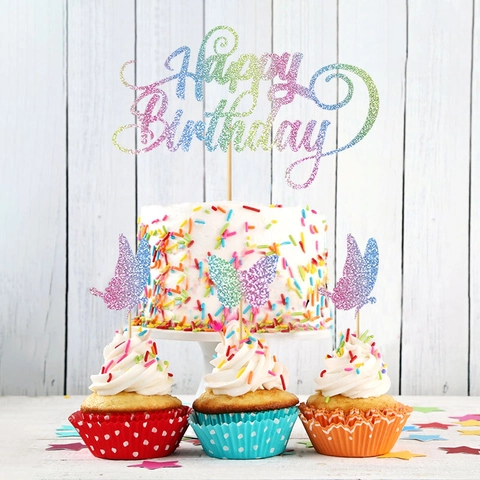 Decorazione Per Torta Happy Birthday E Farfalla 3D Carta Luccicante Arcobaleno Decorazione Per Dolci