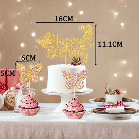 Schmetterling Happy Birthday Tortenaufsatz Große Und Kleine Glitzer Papier Torten Deko Für Geburtstag Party Dessert Deko Gold Rosa