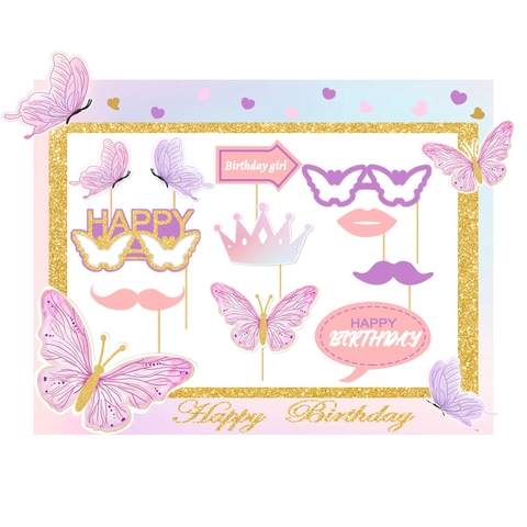 Schmetterling Thema Geburtstag Foto Requisiten Rahmen Karton Lila Rosa Verlauf Gold Glitzer Für Party Dekorationen