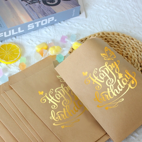 Happy Birthday Kraft Paper Gift Bags With Butterfly Pattern Gold Foil Stamping Party Favor Packaging Bags