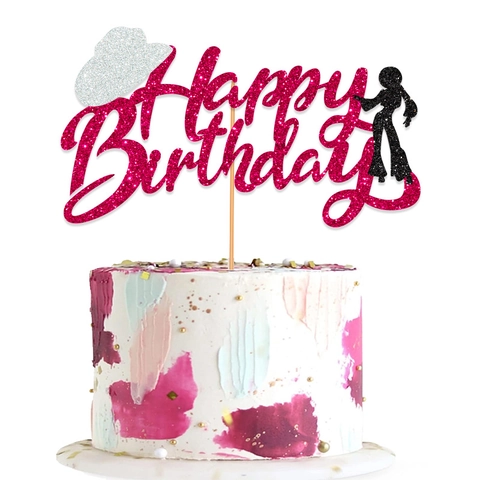Happy Birthday Cake Topper Glitter Cardstock Disco Party Decorations Western Cowboy Hat Dancer Silhouette