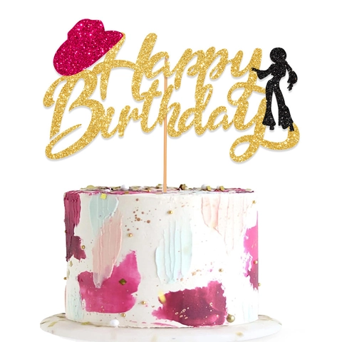 Happy Birthday Cake Topper Glitter Cardstock Disco Party Decorations Western Cowboy Hat Dancer Silhouette