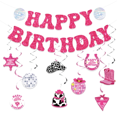 Disco Cowgirl Verjaardag Decoraties Roze Glitter Happy Birthday Banner Hangende Spiralen Koeprint Laarzen Hoed Western Thema Meisjes