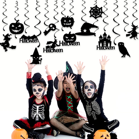 Halloween Decorazioni Sospese A Spirale Carta Nera Strega Zucca Pipistrello Fantasma Silhouette Festa Soffitto