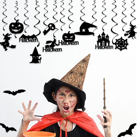 Halloween Decorazioni Sospese A Spirale Carta Nera Strega Zucca Pipistrello Fantasma Silhouette Festa Soffitto