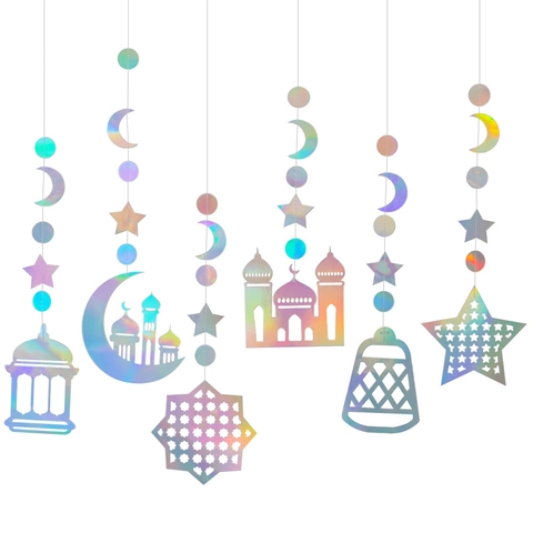 Irisierend Ramadan Eid Mubarak Hängedekoration Irisierend Mond Stern Moschee Laterne Girlande Für Festliche Party Heim Dekor