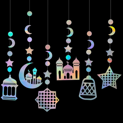 Irisierend Ramadan Eid Mubarak Hängedekoration Irisierend Mond Stern Moschee Laterne Girlande Für Festliche Party Heim Dekor