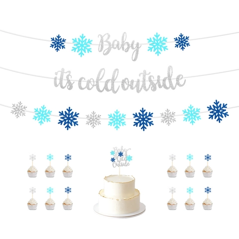 Snowflake Party Decorations Glitter Paper Baby It's Cold Outside Banner Cake Topper Cupcake Toppers Winter Wonderland
