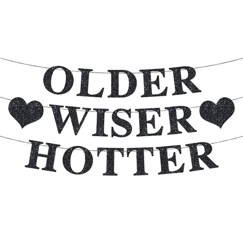 Banner Nero Glitterato Older Wiser Hotter Ghirlanda a Cuore per Decorazione Festa di Compleanno Cartello Appeso Accessori per Feste