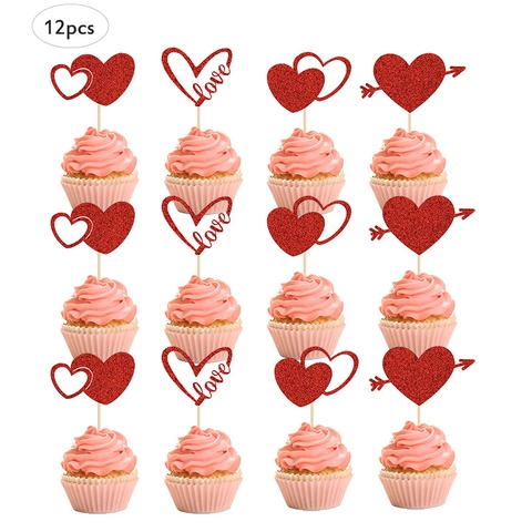 Red Glitter Heart Cupcake Toppers Valentine's Day Cake Decorations Love Shape Romantic Wedding Party Dessert Supplies