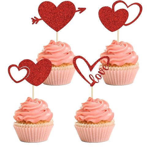 Red Glitter Heart Cupcake Toppers Valentine's Day Cake Decorations Love Shape Romantic Wedding Party Dessert Supplies