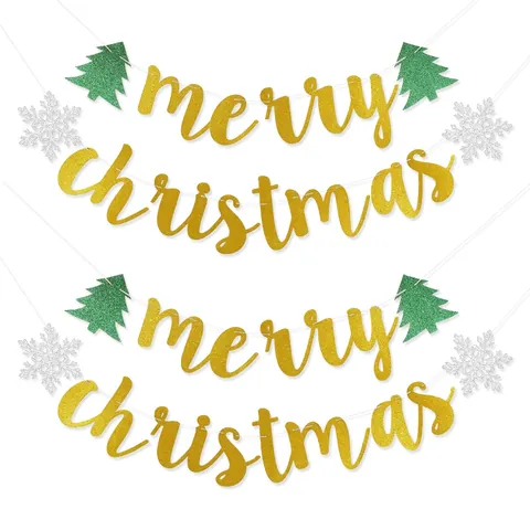 Merry Christmas Banner Glitter Cardstock Garland With Christmas Tree And Snowflake Hanging Decoration For Party Home