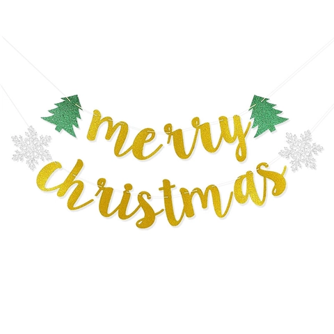 Merry Christmas Banner Glitter Cardstock Garland With Christmas Tree And Snowflake Hanging Decoration For Party Home