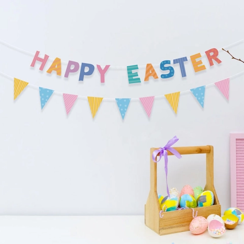 Happy Easter Banner Garland Macaron Color Paper Triangular Bunting Polka Dot Stripe Pattern Party Decoration Hanging Sign