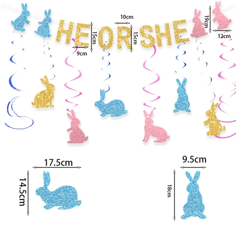 Set di Decorazioni per Feste Gender Reveal Banner Glitter HE OR SHE Spirali Appese a Forma di Coniglio Oro Rosa Blu