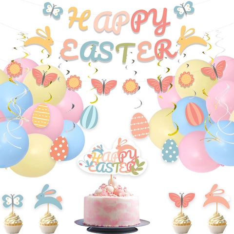Buona Pasqua Decorazione per Feste Striscione Motivo Coniglio Uovo Spirale Sospesa Cake Topper Palloncino Macaron per Festival Compleanno
