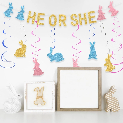 Set di Decorazioni per Feste Gender Reveal Banner Glitter HE OR SHE Spirali Appese a Forma di Coniglio Oro Rosa Blu