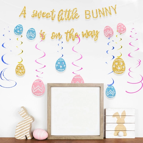 Set Decorazioni Festa Pasqua Coniglio Uovo Banner Glitter Oro A Sweet Little Bunny Is On The Way Decorazioni Appese