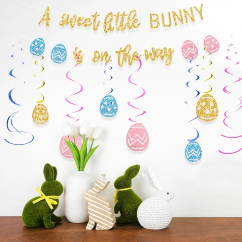 Easter Baby Shower Gender Reveal Decorations Glitter Cardstock Banner Hanging Swirls Bunny Egg Theme Party Cake Topper Decor