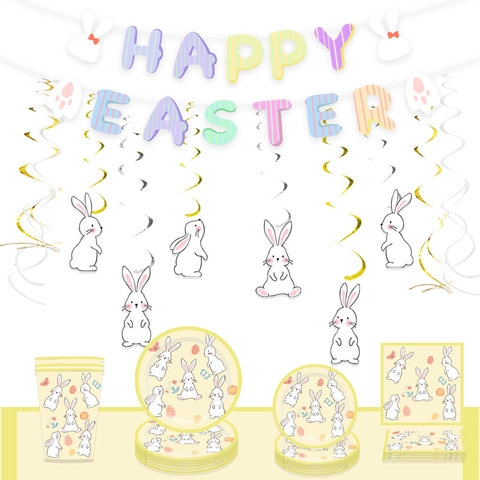 Easter Party Decoration Supplies Happy Easter Banner Bunny Hanging Swirls Paper Tableware Macaron Colors Celebration