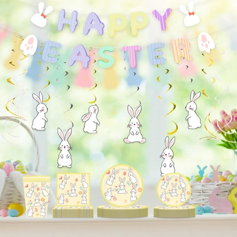 Easter Party Decoration Supplies Happy Easter Banner Bunny Hanging Swirls Paper Tableware Macaron Colors Celebration