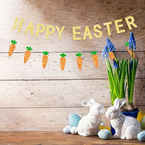 Glitter Happy Easter Letter Banner And Shimmering Carrot Garland And Cake Topper For Holiday Party Home Decoration Supplies