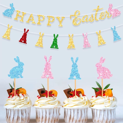 Glitter Happy Easter Banner Kleurrijke Konijn Vlag Latex Ballonnen Cake Toppers Voor Thuis Viering Verjaardagsfeest Decoratie