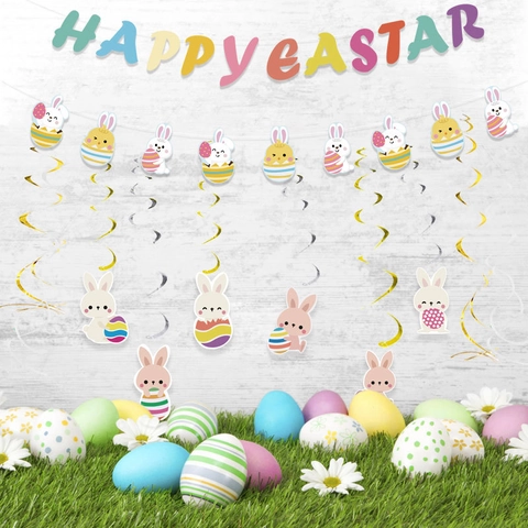 Pancarta De Happy Easter Conejo Huevo Pollito Tarjetas De Papel Adornos En Espiral Color Macaron Decoración De Fiesta