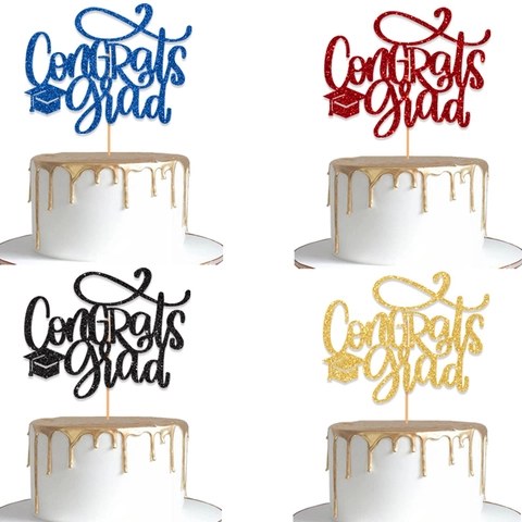 Congrats Grad Cake Topper Glitter Graduation Party Decoration Graduation Cap Cake Insert For Birthday Celebration Supplies