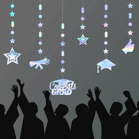 Congrats Grad Graduation Garland Glitter Paper Hanging Banner Graduation Cap Diploma Star Graduation Party Decorations