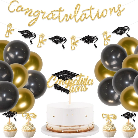 Set Decorazione Festa Laurea Glitter Oro Congratulations Banner Cake Toppers Con Tocco Pergamena Ornamento Nero Oro Forniture Per Feste