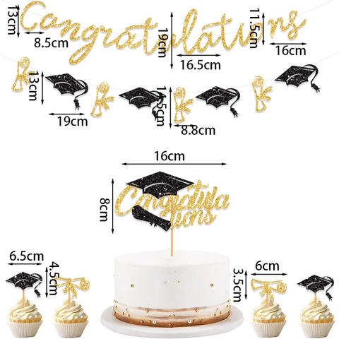 Decorazione Festa Laurea Luccicante Banner Congratulations Tocco Diploma Cake Topper Oro Nero Decorazioni Cerimonia Laurea