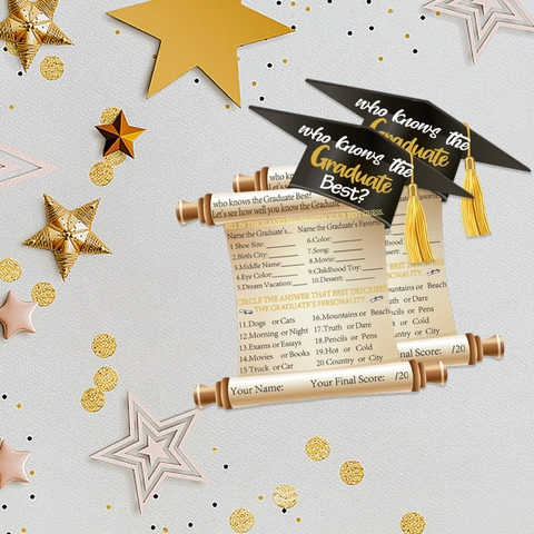 Cartes de Jeu de Fête de Remise des Diplômes Qui Connaît le Mieux le Diplômé Forme de Toque Design Parchemin Fournitures