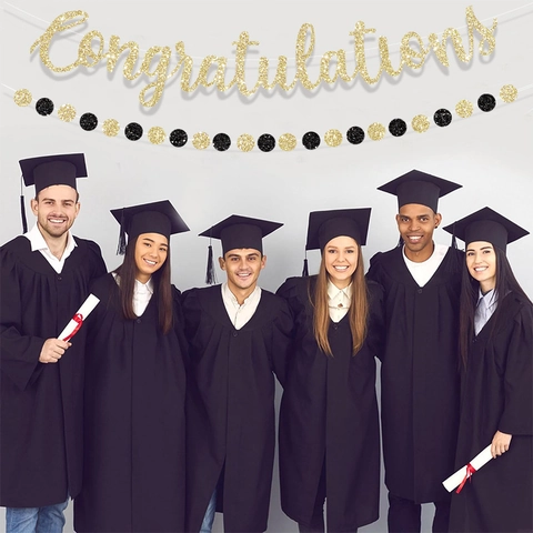 Black Gold Glitter Congratulations Banner And Circle Dot Garland For Graduation Party Decorations School Ceremony Celebrate