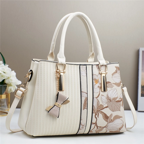 Borsa Da Donna In Pelle PU Ricamo Floreale Spliced Grande Capacità Borsa A Tracolla Fiocco Elegante